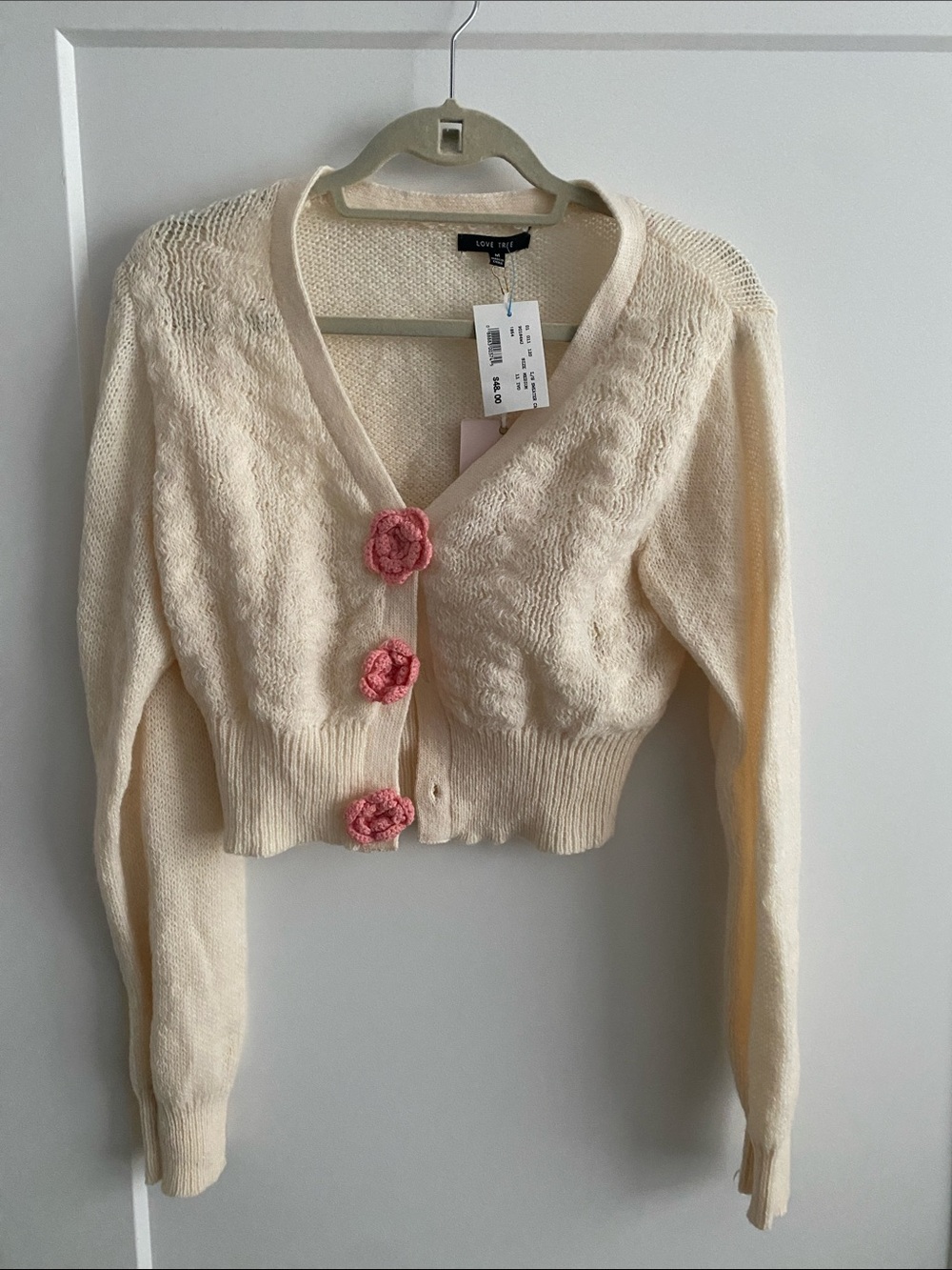 Love Tree Cream Cropped Cardigan with Pink Floral Buttons